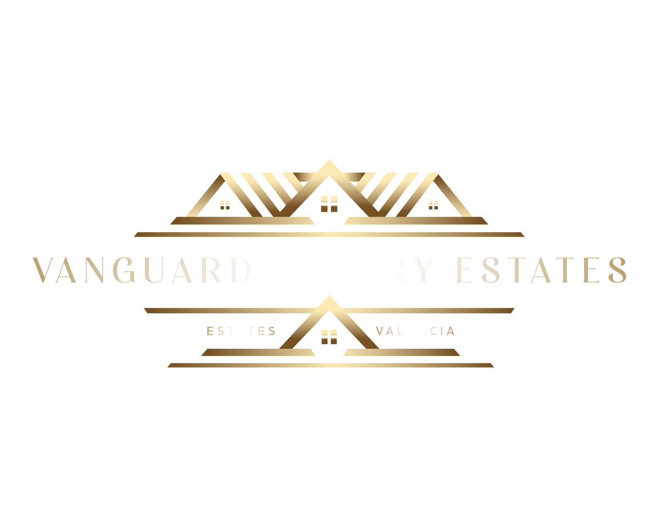 Logotipo de Vanguard Luxury Estates con diseño dorado de casas sobre fondo negro.